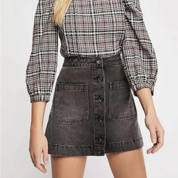 We The free Charcoal Super High Waisted Button Front Denim Jean Mini Skirt - Picture 3 of 9